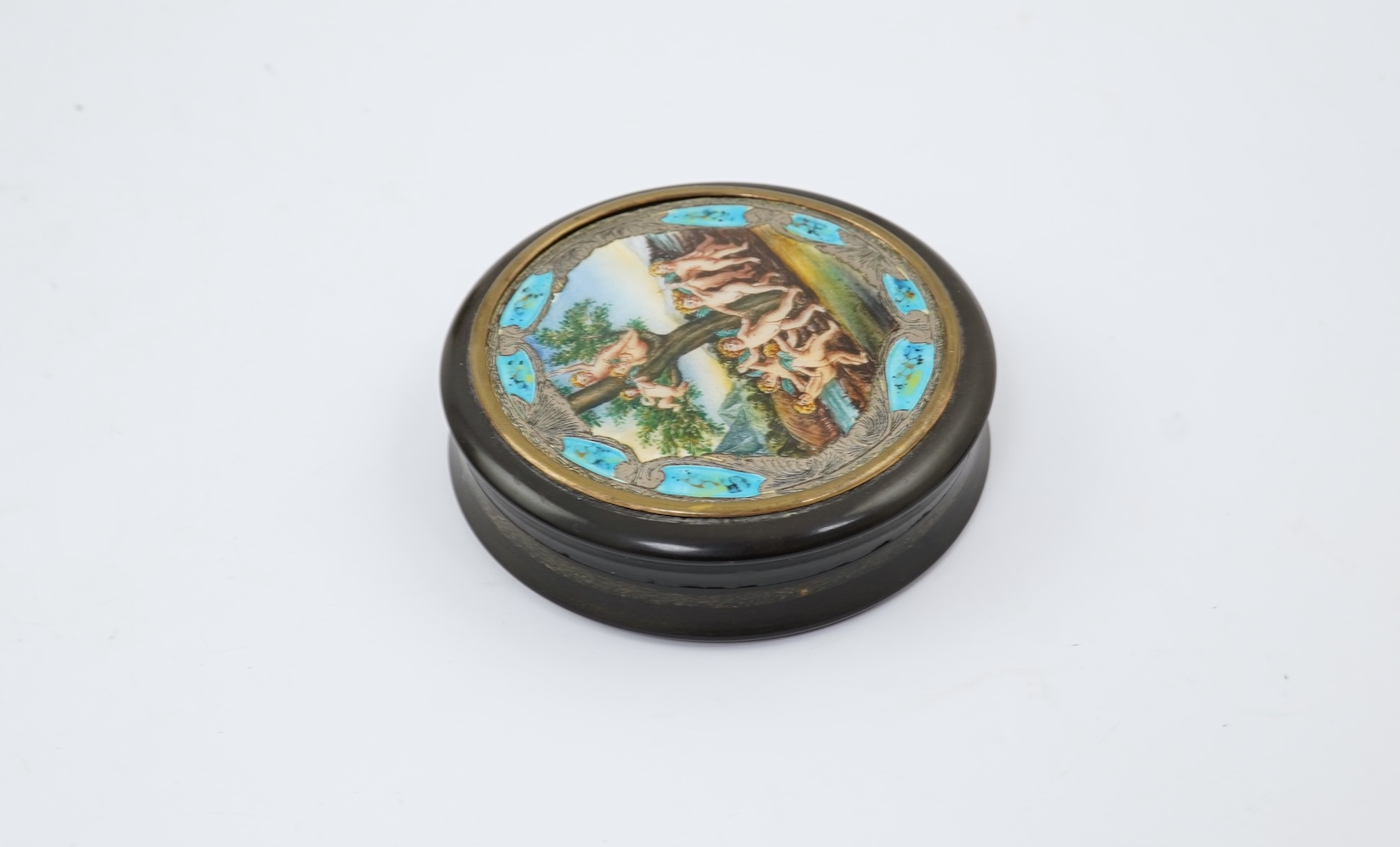 A 19th century Italian? silver and enamel mounted circular tortoiseshell box and cover